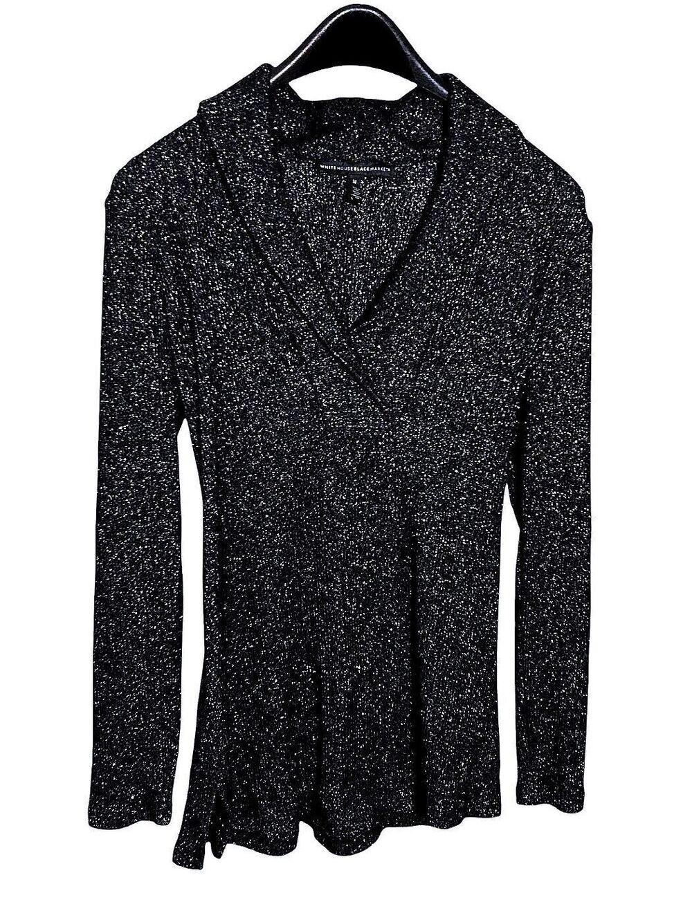 WHITE HOUSE BLACK MARKET Womens M Black Glitter Faux Wrap Cowl Neck Slit Sweater
